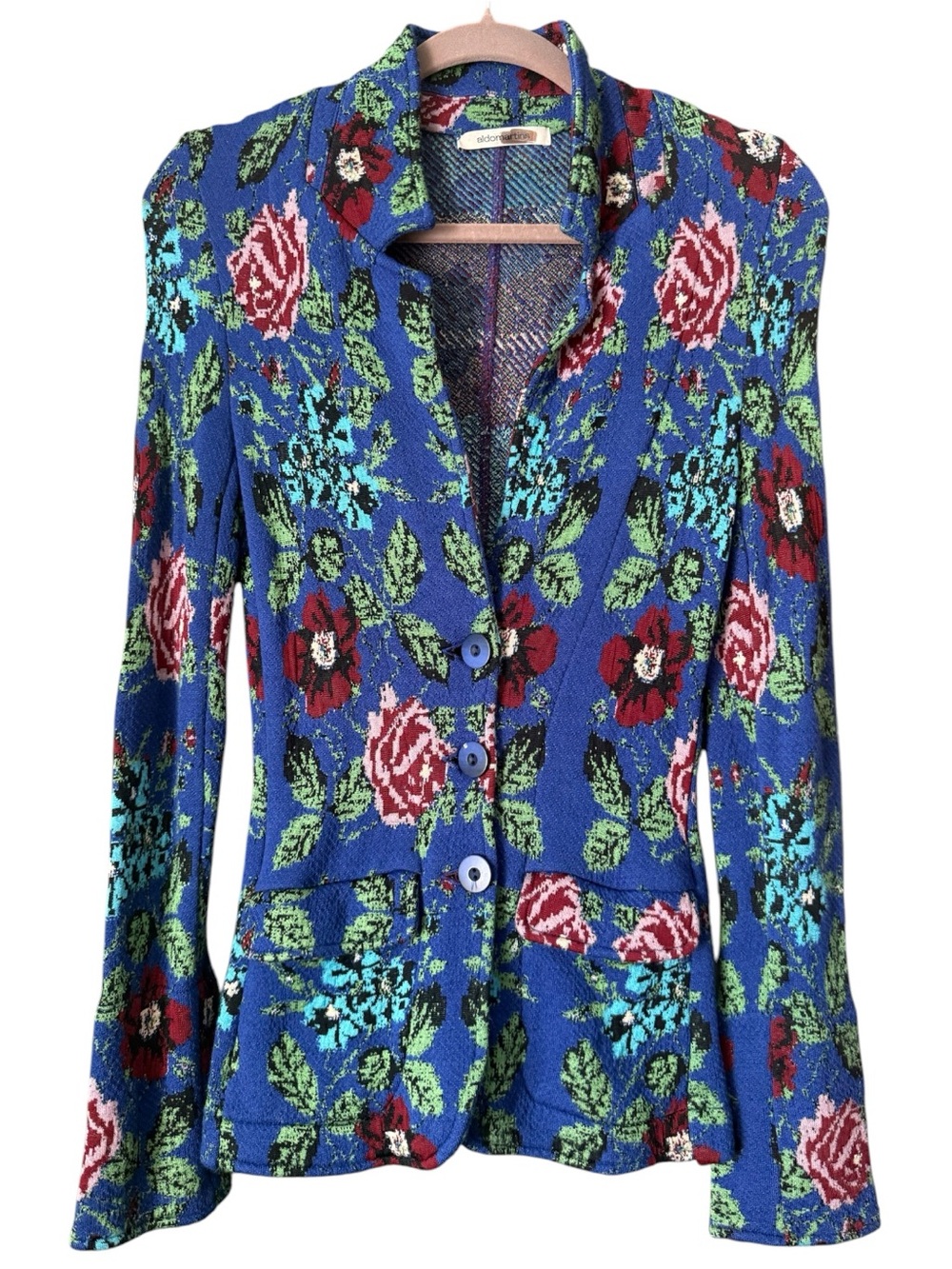 Aldo Martins Women Blue Floral Wool Blend Sweater Knit Collared Jacket Blazer 2